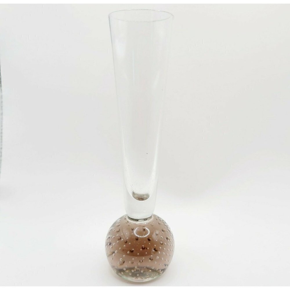 Vintage Amethyst Bubble Base Blown Glass Vase Narrow Mid Century Modern Smooth